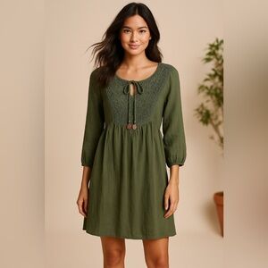 Indigo Rose Forest Green Crochet Peasant Dress – Size S